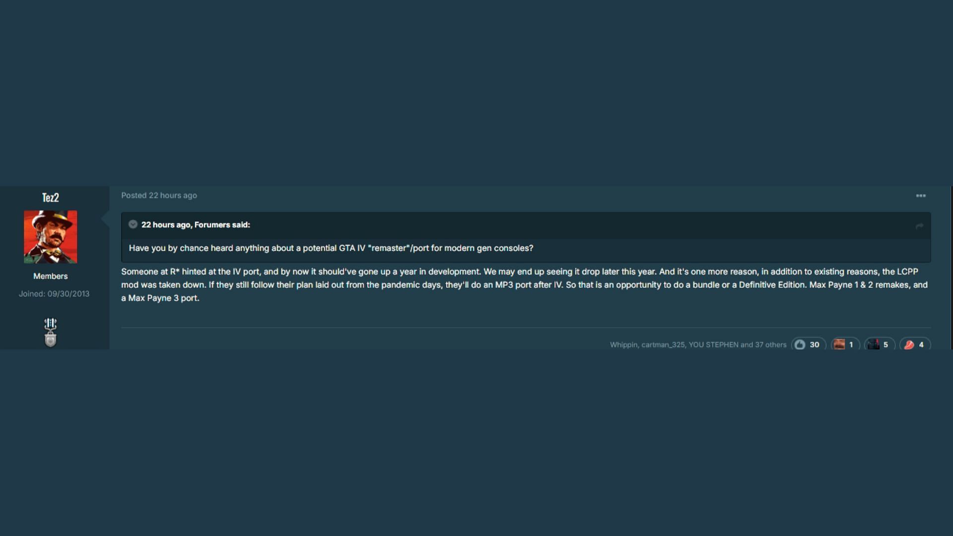 Is GTA IV getting remastered? A screenshot of Tez2's comment on GTAForums (Image via GTAForums)